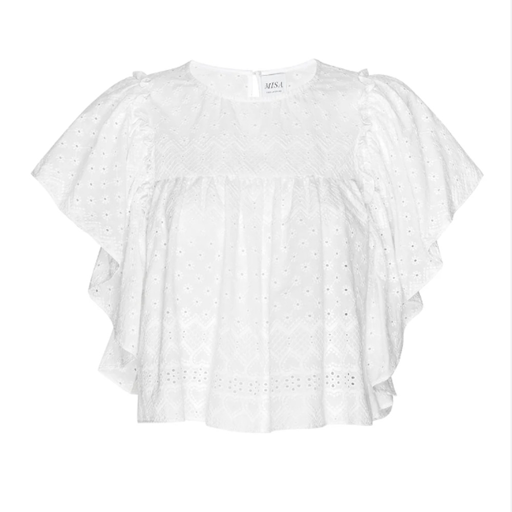 MISA Los Angeles Top Cotton Eyelet Ruffle Sleeve Peasant Cottage, S - NWT (Flaw)